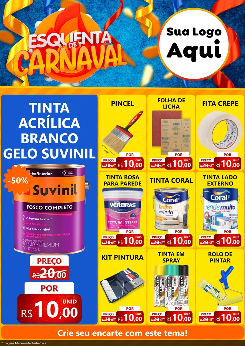 Modelo de Encarte para Encarte A4 Vertical com o tema Esquenta de Carnaval para Tintas e Ferramentas