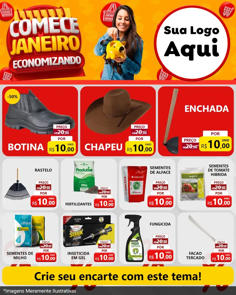 Modelo de Rede Social para Feed Instagram com o tema Comece Janeiro Economizando para Agropecuária