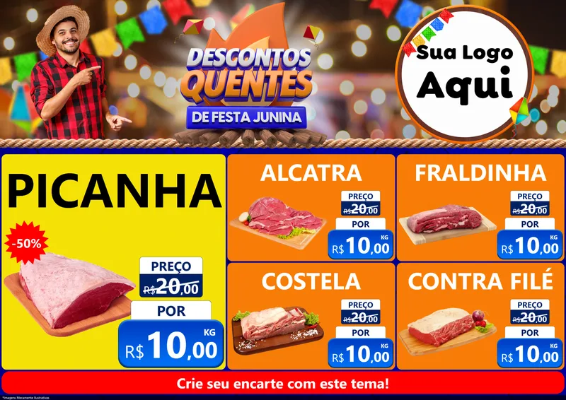 Modelo de Encarte para Encarte A4 Horizontal com o tema Descontos Quentes de Festa Junina para Açougue