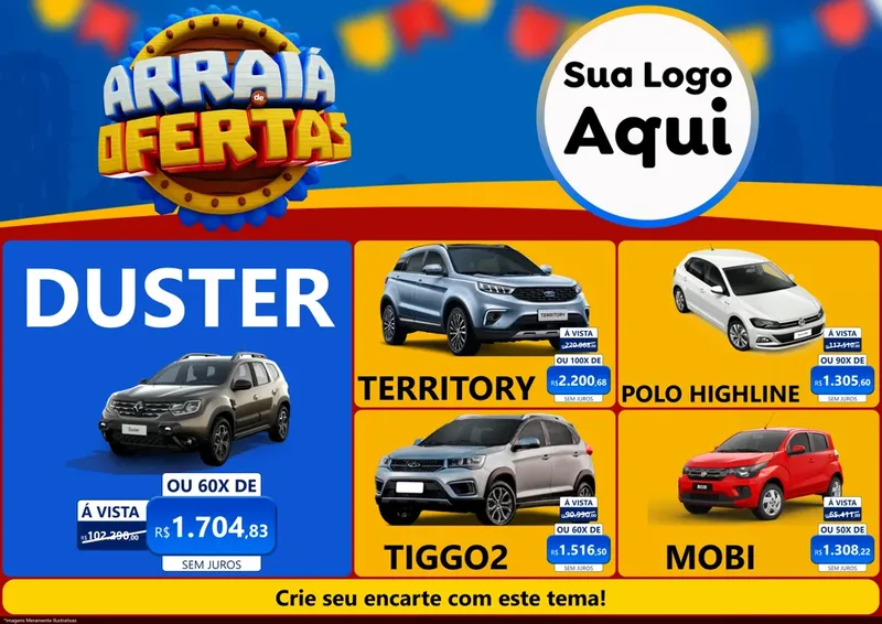 Modelo de Encarte para Encarte A4 Horizontal com o tema Arraiá de Ofertas - Junina para Concessionaria de Carros