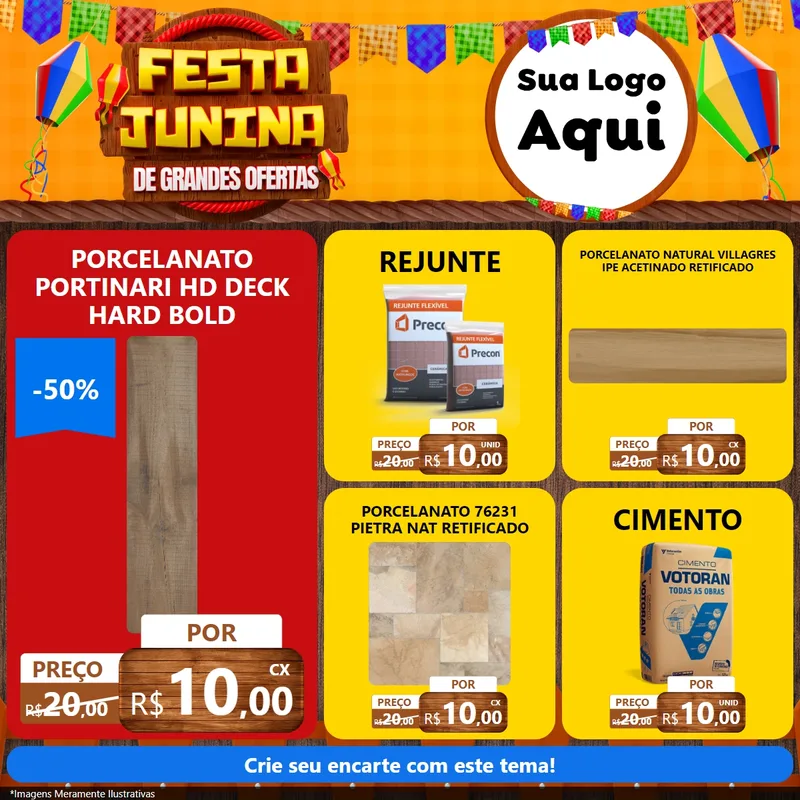 Modelo de Rede Social para Feed Facebook com o tema Festa Junina de Grandes Ofertas para Pisos e revestimentos