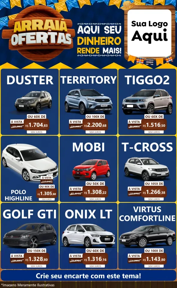Modelo de Encarte para Encarte Grande com o tema Arraiá de Ofertas - Junina para Concessionaria de Carros