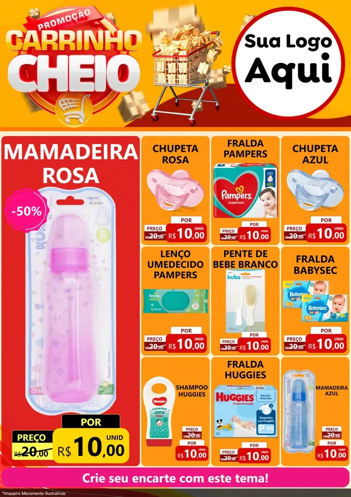 Modelo de Encarte para Encarte A4 Vertical com o tema Promoção carrinho cheio para Bebês