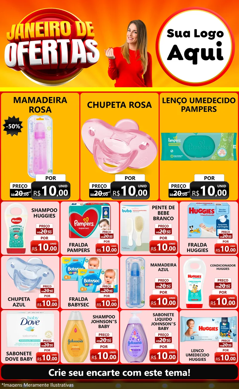 Modelo de Encarte para Encarte Grande com o tema Janeiro de Ofertas para Bebês