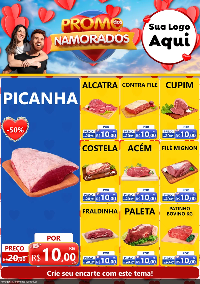 Modelo de Encarte para Encarte A4 Vertical com o tema Promo dos Namorados para Açougue