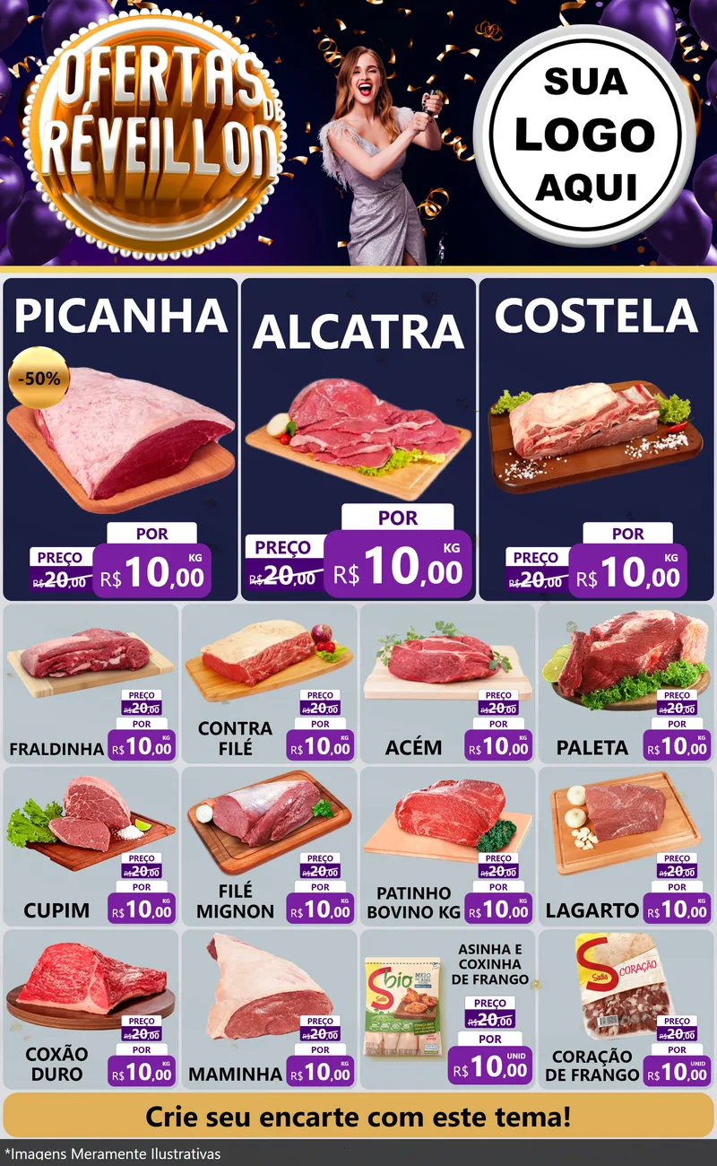 Modelo de Encarte para Encarte Grande com o tema Ofertas de Réveillon para Açougue