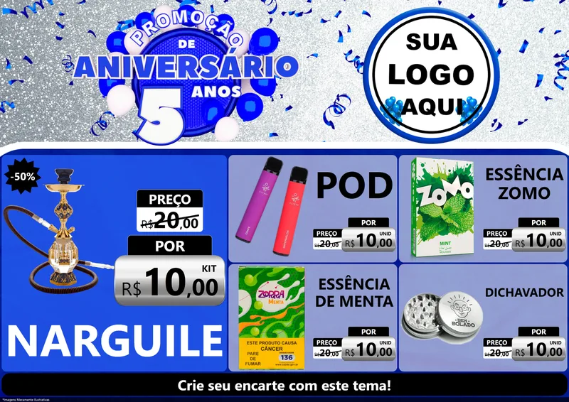 Modelo de Encarte para Encarte A4 Horizontal com o tema Promoção de Aniversário - 5 Anos para Tabacaria