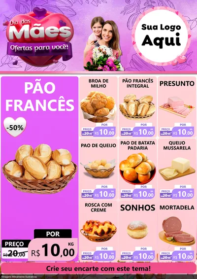 Modelo de Encarte para Encarte A4 Vertical com o tema Dia das Mães Ofertas para Você! para Padaria