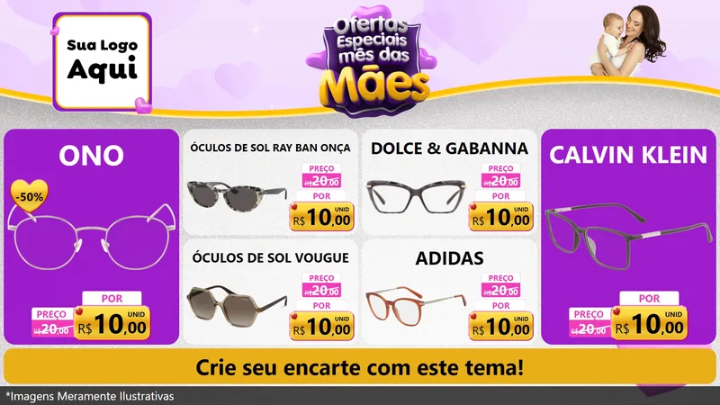 Modelo de TV para TV Horizontal com o tema Ofertas Especiais - Mês das Mães para Óticas
