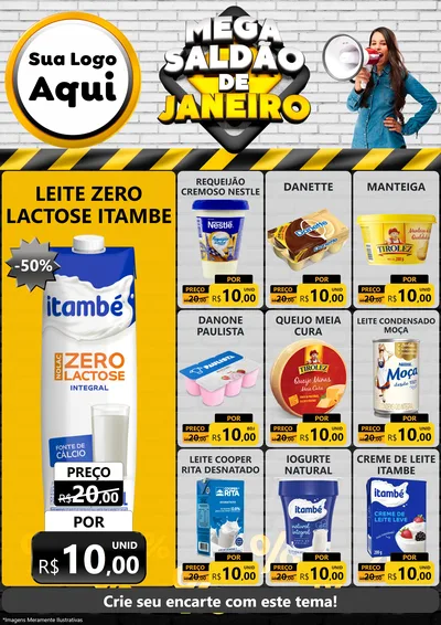 Modelo de Encarte para Encarte A4 Vertical com o tema Mega Saldão de Janeiro para Frios e Laticínios