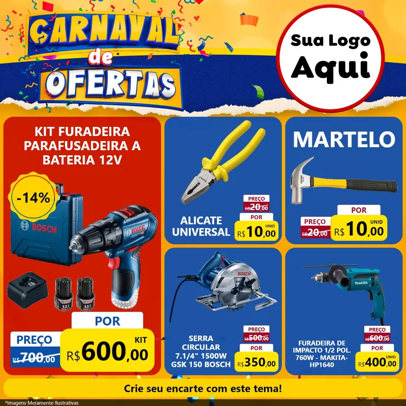 Modelo de Rede Social para Feed Facebook com o tema Carnaval de Ofertas para Maquinas e Ferramentas