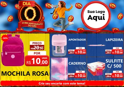 Modelo de Encarte para Encarte A4 Horizontal com o tema Dia O - O Dia Mais Barato Do Mês para Papelaria