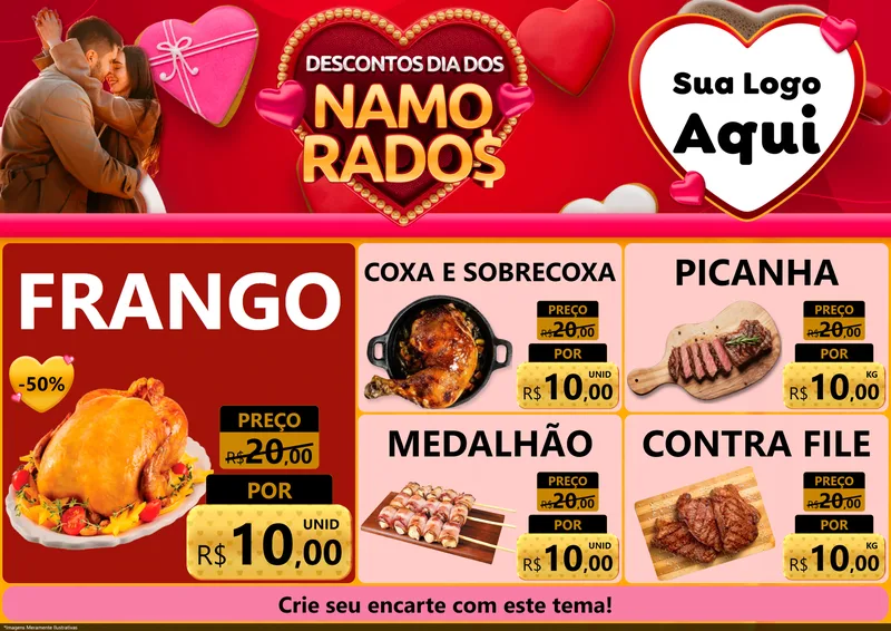 Modelo de Encarte para Encarte A4 Horizontal com o tema Descontos Dia dos Namorados para Assados