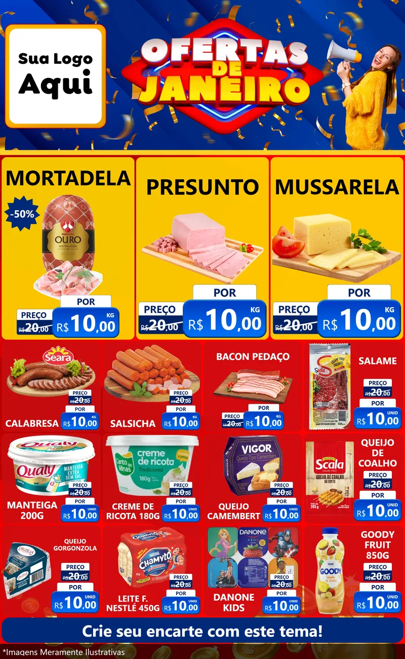 Modelo de Encarte para Encarte Grande com o tema Ofertas de Janeiro para Frios e Laticínios