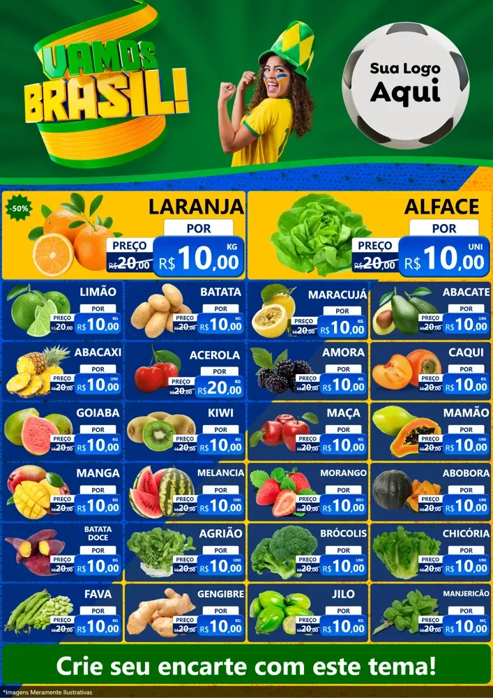 Modelo de Encarte para Encarte A4 Vertical com o tema Vamos Brasil - Copa para Hortifrúti