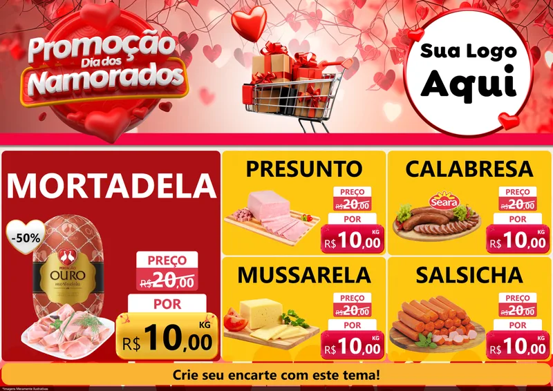 Modelo de Encarte para Encarte A4 Horizontal com o tema Promoção Dia dos Namorados para Frios e Laticínios