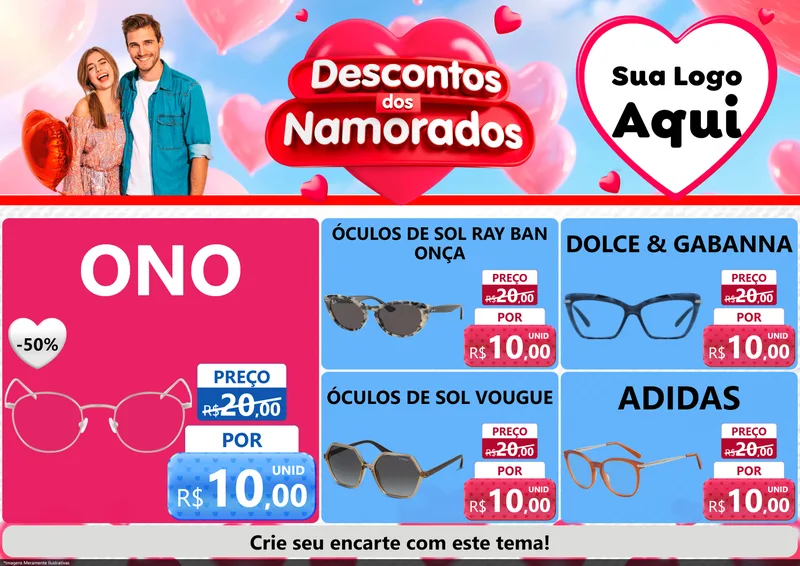 Modelo de Encarte para Encarte A4 Horizontal com o tema Descontos dos Namorados para Óticas