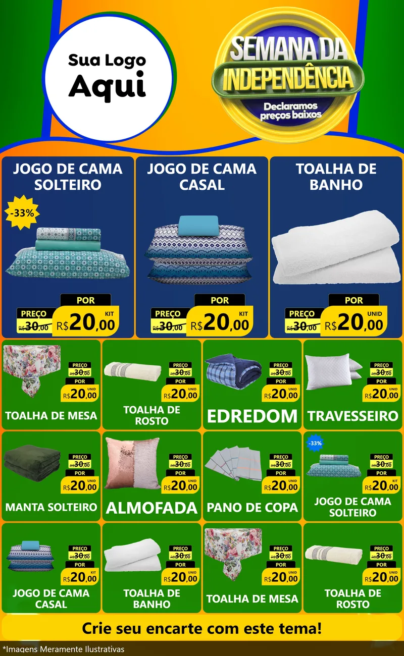 Modelo de Encarte para Encarte Grande com o tema Semana da Independência Declaramos Preços Baixos para Cama, Mesa e Banho