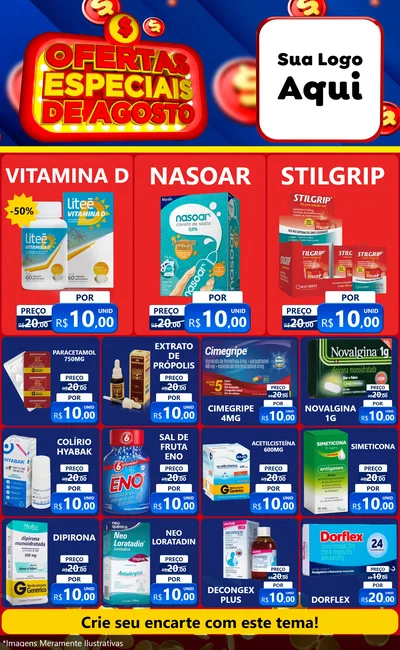 Modelo de Encarte para Encarte Grande com o tema Ofertas Especiais de Agosto para Farmácia