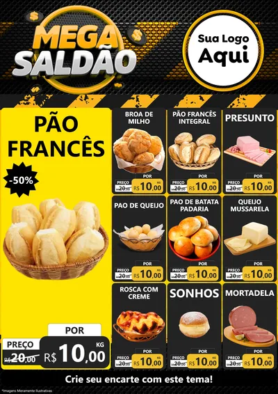Modelo de Encarte para Encarte A4 Vertical com o tema Mega Saldão para Padaria