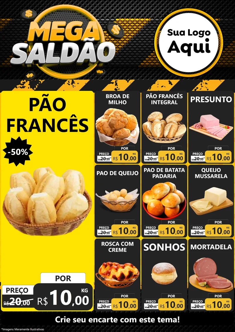 Modelo de Encarte para Encarte A4 Vertical com o tema Mega Saldão para Padaria