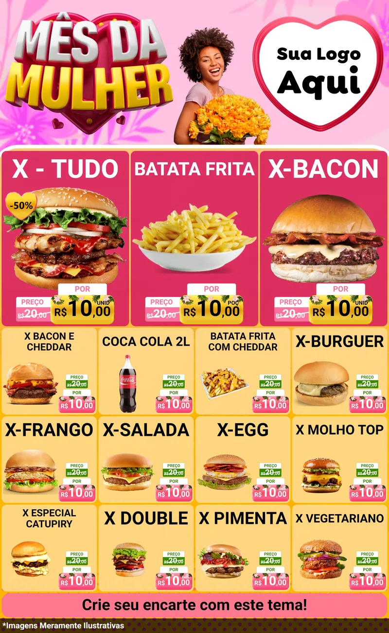 Modelo de Encarte para Encarte Grande com o tema Mês da Mulher para Hamburgueria