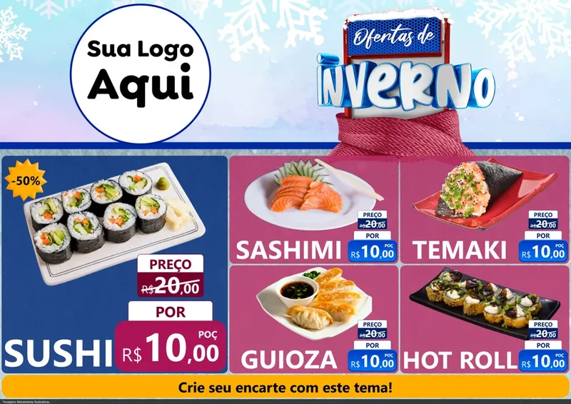 Modelo de Encarte para Encarte A4 Horizontal com o tema Ofertas de Inverno para Comida japonesa
