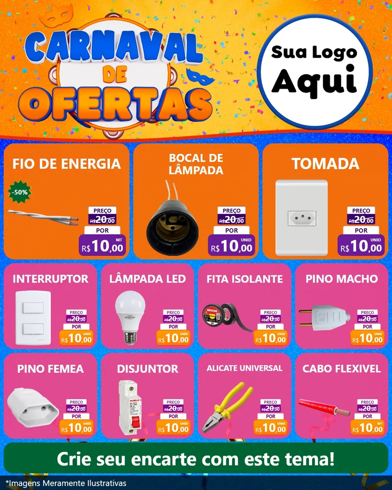 Modelo de Rede Social para Feed Instagram com o tema Carnaval de Ofertas para Materiais Elétricos
