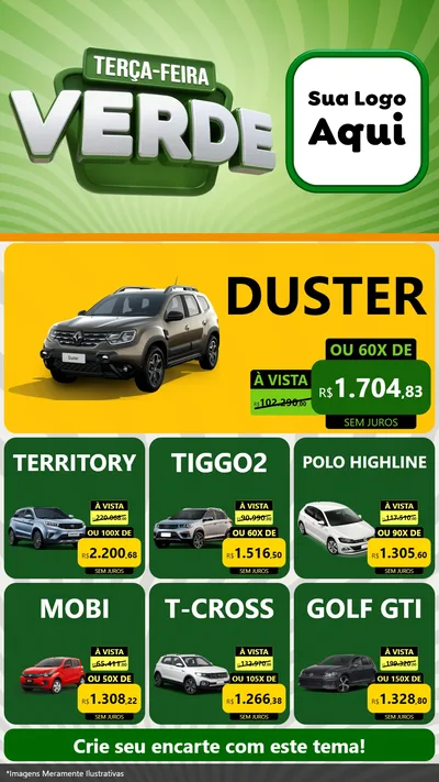 Modelo de Rede Social para Stories com o tema Terça - Feira Verde para Concessionaria de Carros
