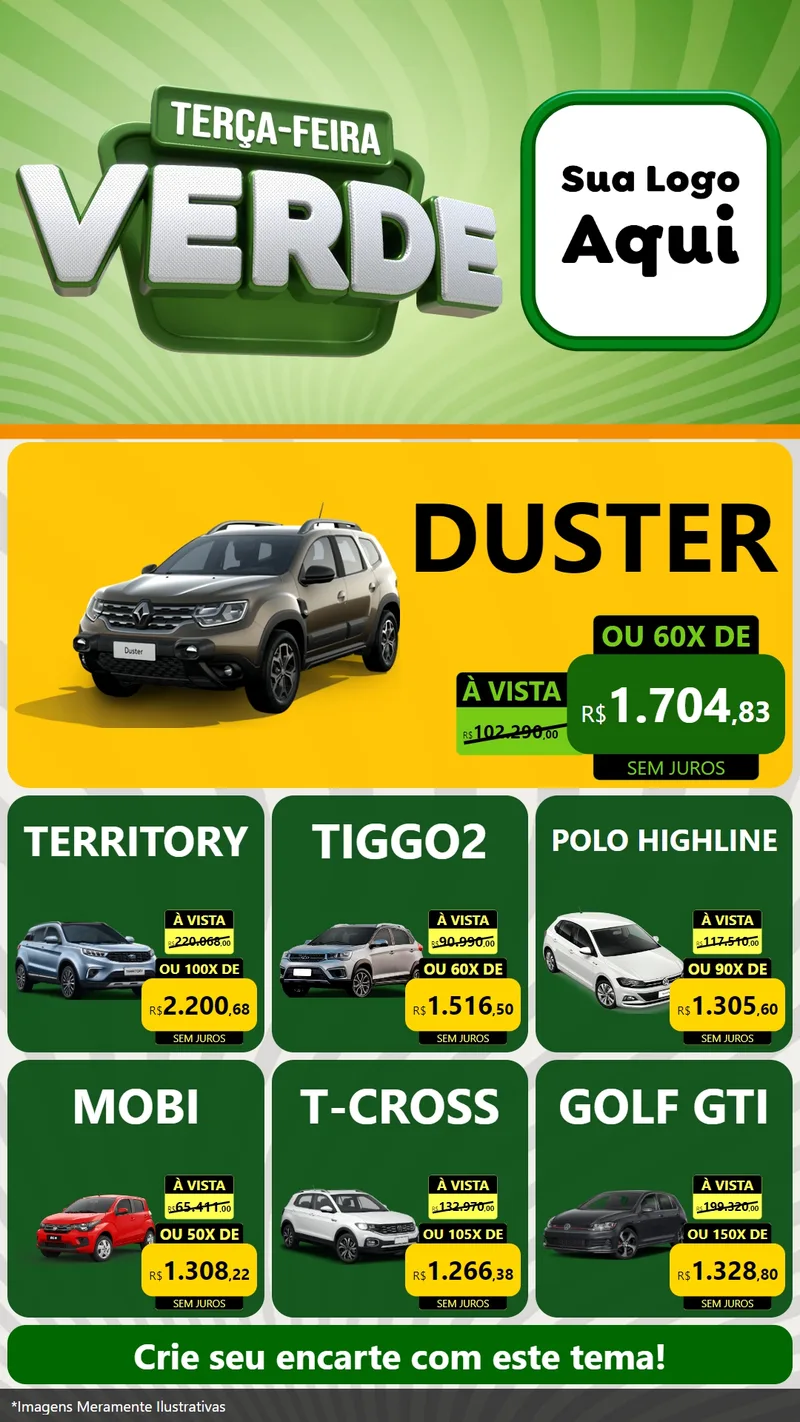 Modelo de Rede Social para Stories com o tema Terça - Feira Verde para Concessionaria de Carros