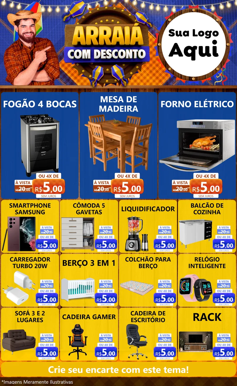 Modelo de Encarte para Encarte Grande com o tema Arraiá Com Desconto para Móveis e Eletro