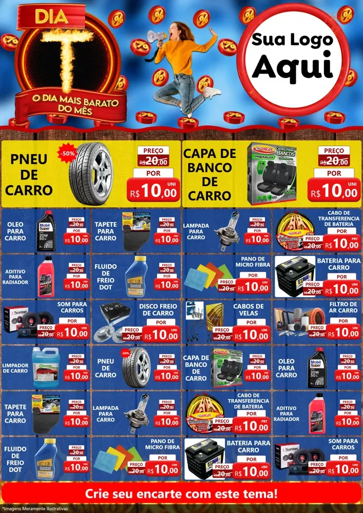 Modelo de Encarte para Encarte A4 Vertical com o tema Dia T - O Dia Mais Barato Do Mês para Auto peças