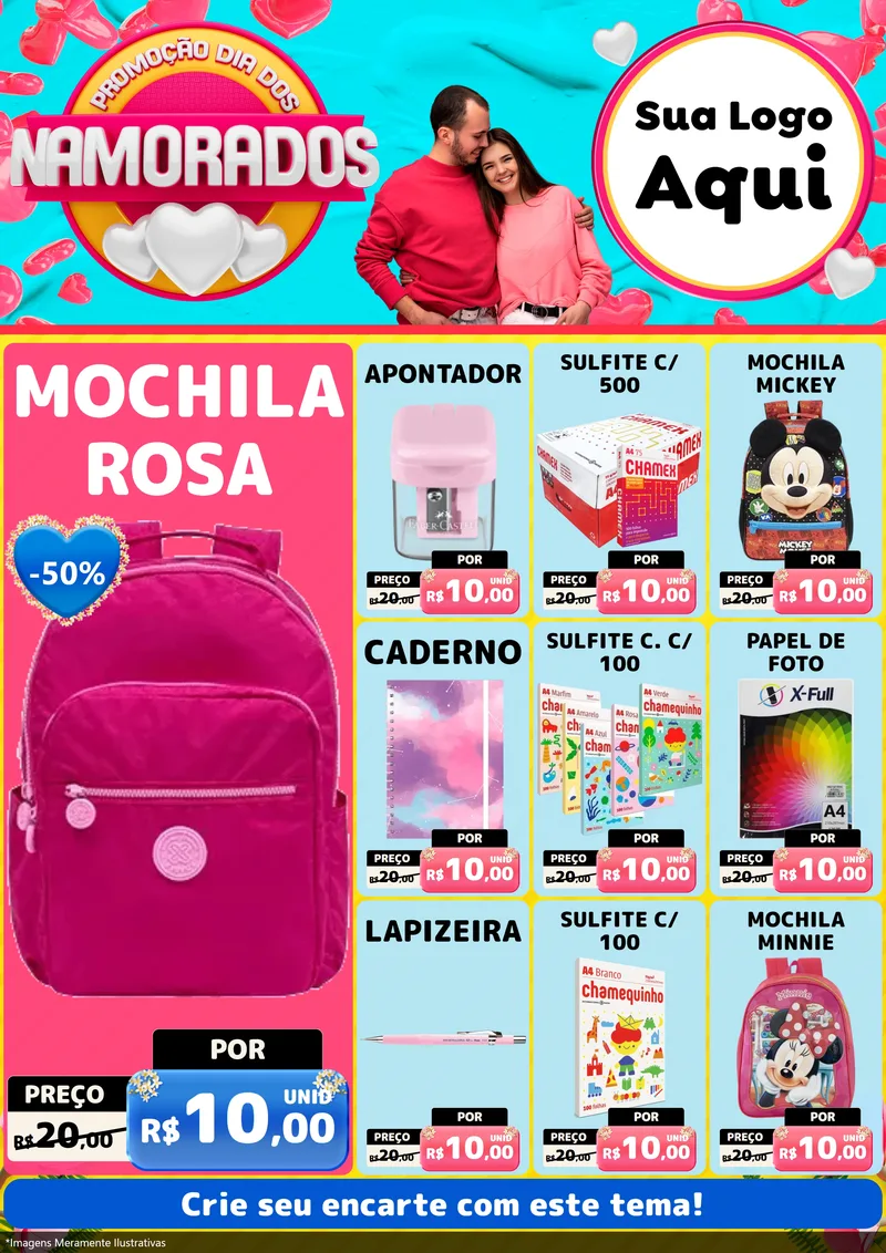 Modelo de Encarte para Encarte A4 Vertical com o tema Promoção Dia dos Namorados para Papelaria
