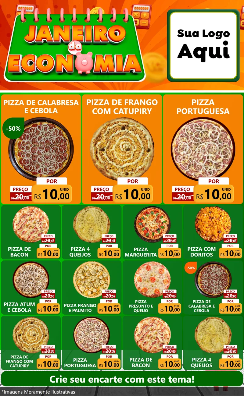 Modelo de Encarte para Encarte Grande com o tema Janeiro da Economia para Pizzaria
