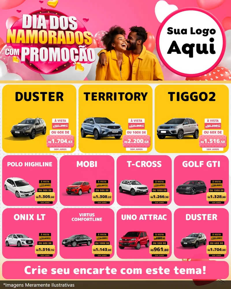 Modelo de Rede Social para Feed Instagram com o tema Dia dos Namorados com Promoção para Concessionaria de Carros