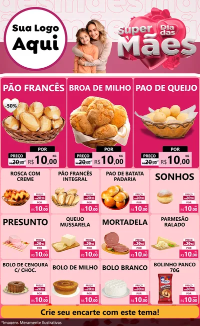 Modelo de Encarte para Encarte Grande com o tema Super Dia Das Mães para Padaria