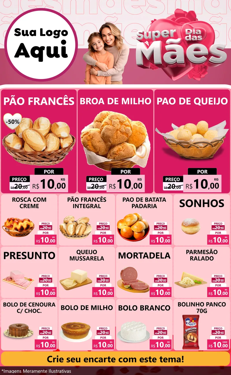 Modelo de Encarte para Encarte Grande com o tema Super Dia Das Mães para Padaria
