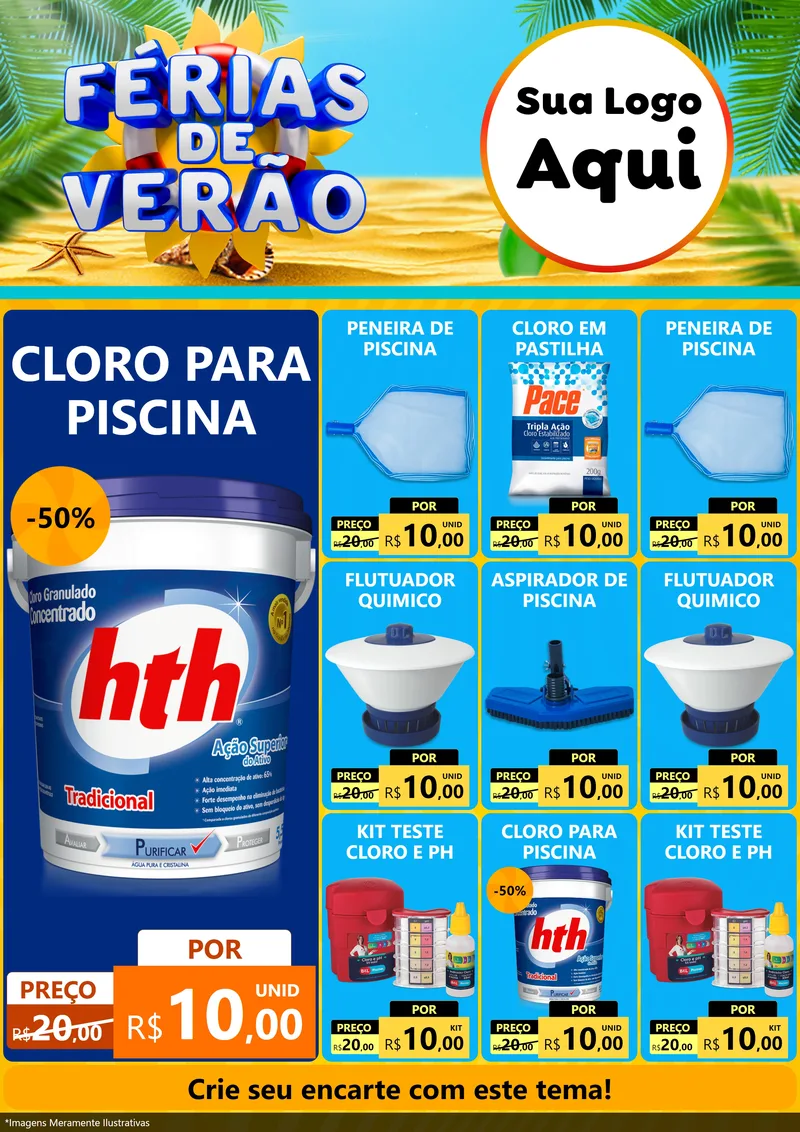 Modelo de Encarte para Encarte A4 Vertical com o tema Férias de Verão para Produtos para Piscina