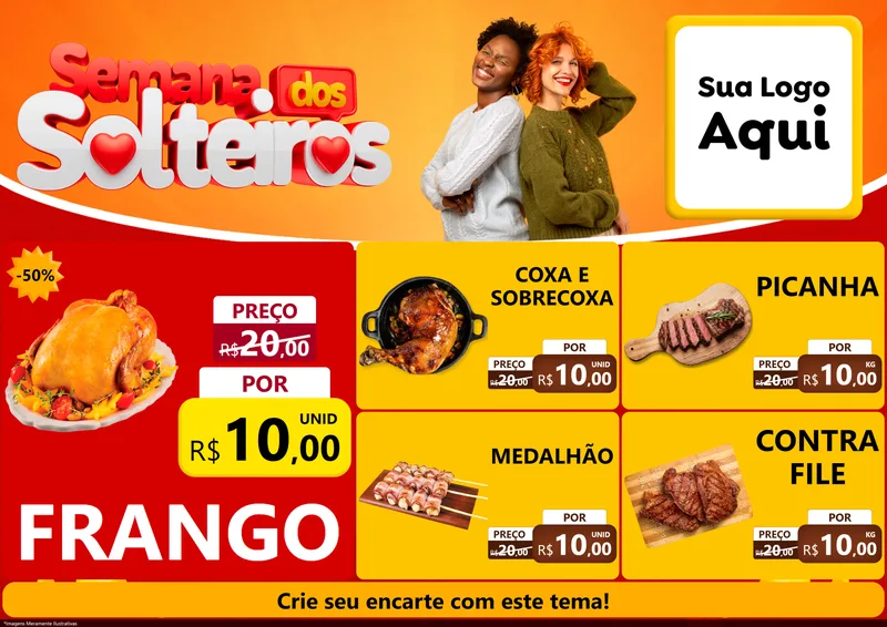 Modelo de Encarte para Encarte A4 Horizontal com o tema Semana dos Solteiros para Assados