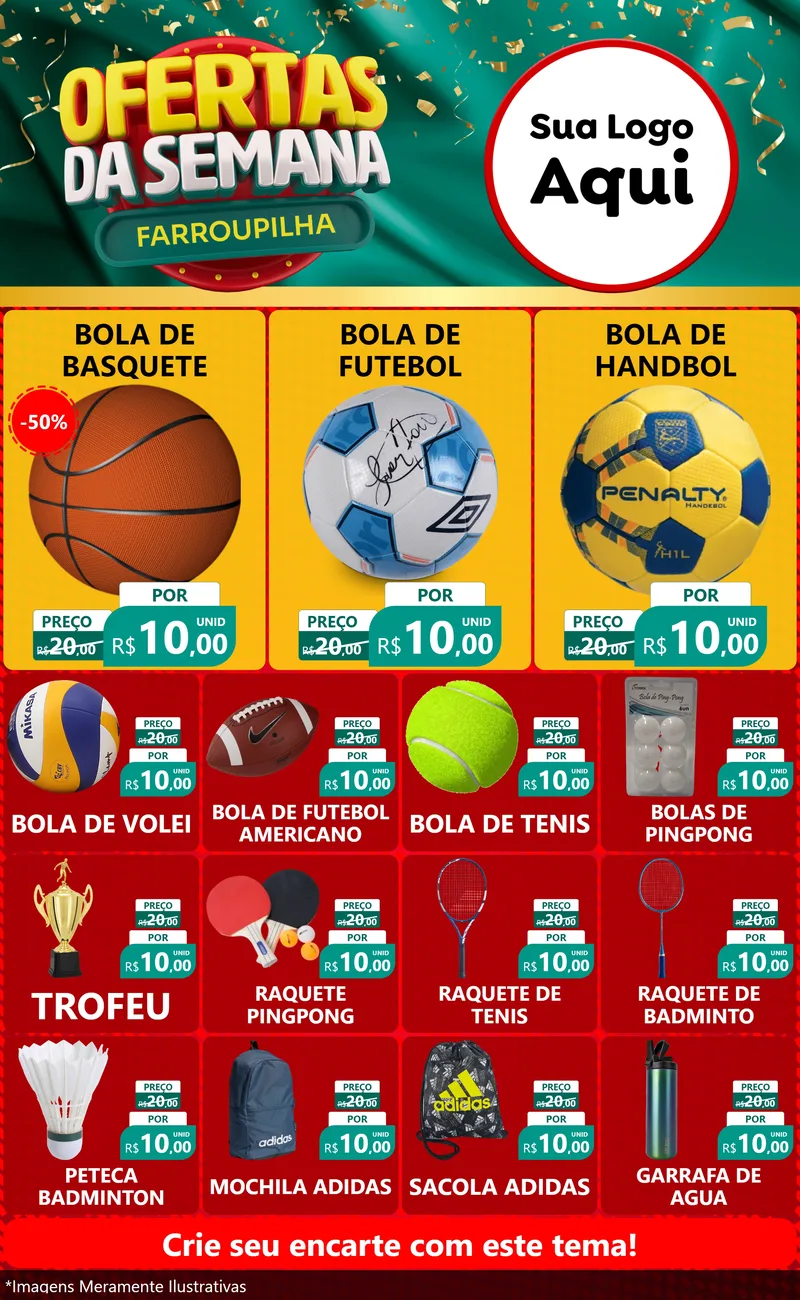 Modelo de Encarte para Encarte Grande com o tema Ofertas da Semana Farroupilha para Artigos Esportivos