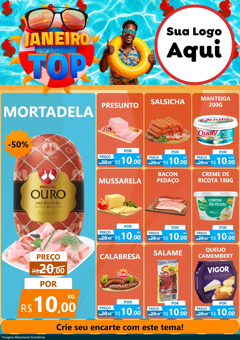 Modelo de Encarte para Encarte A4 Vertical com o tema Janeiro Top para Frios e Laticínios