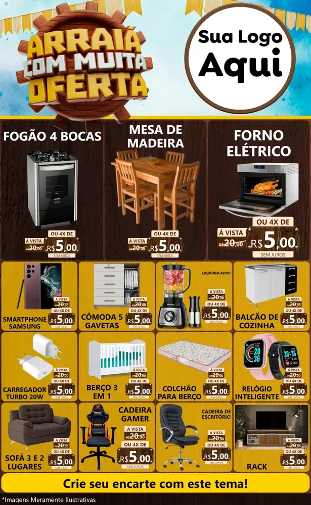 Modelo de Encarte para Encarte Grande com o tema Ofertas de São João - Junina para Móveis e Eletro