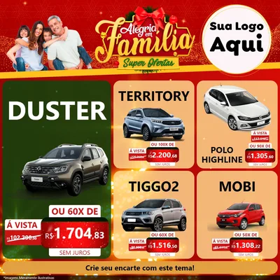 Modelo de Rede Social para Feed Facebook com o tema Alegria em Família Super Ofertas - Natal para Concessionaria de Carros
