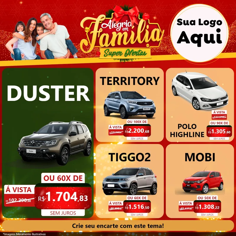 Modelo de Rede Social para Feed Facebook com o tema Alegria em Família Super Ofertas - Natal para Concessionaria de Carros