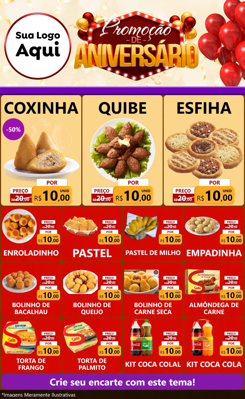 Modelo de Encarte para Encarte Grande com o tema Promoção de Aniversário para Salgadaria