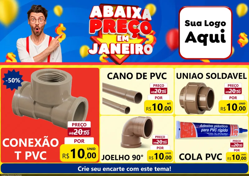 Modelo de Encarte para Encarte A4 Horizontal com o tema Abaixa Preço em Janeiro para Tubos e conexões