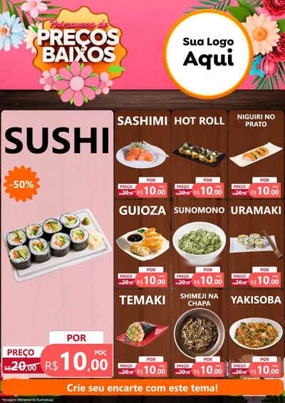 Modelo de Encarte para Encarte A4 Vertical com o tema Primavera de Preços Baixos para Comida japonesa