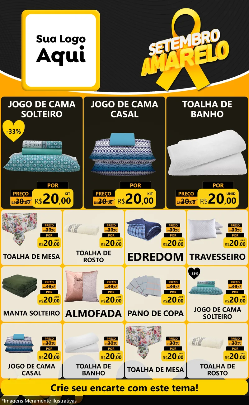 Modelo de Encarte para Encarte Grande com o tema Setembro Amarelo para Cama, Mesa e Banho