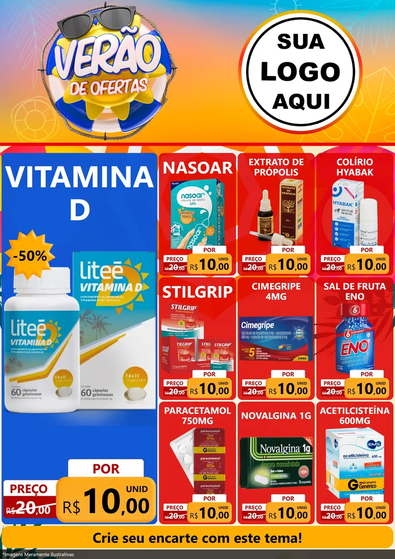 Modelo de Encarte para Encarte A4 Vertical com o tema Verão de Ofertas para Farmácia