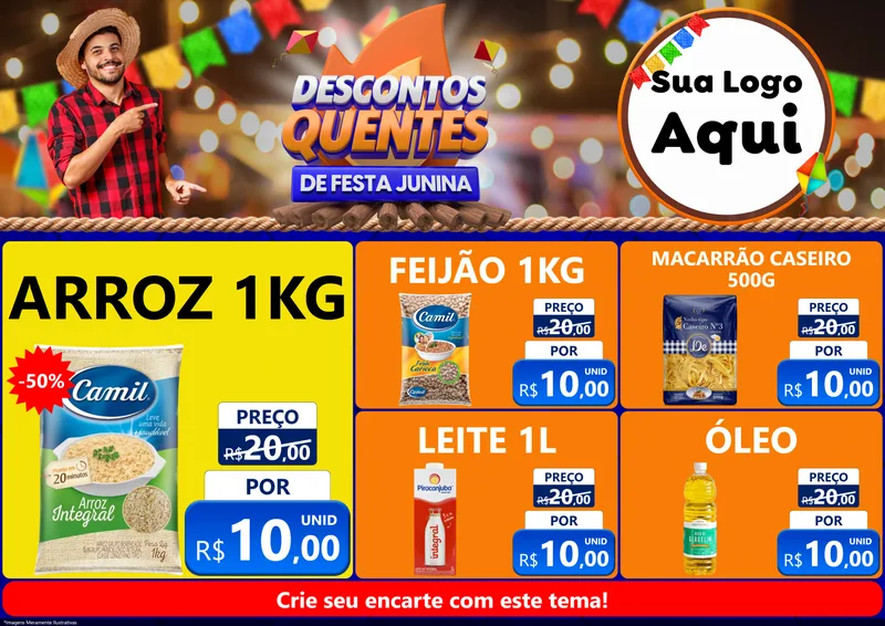 Modelo de Encarte para Encarte A4 Horizontal com o tema Descontos Quentes de Festa Junina para Supermercado
